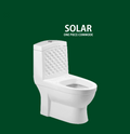 White one-piece toilet with 'Solar' label on a green background